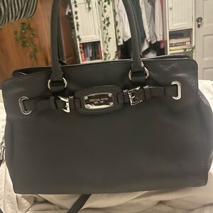 Michael Kors Black Leather Double-Handle Satchel with Silver Hardware